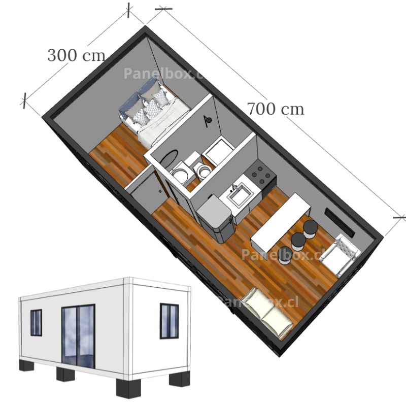 Vista 3D de una tiny house modular de 21 m² con equipamiento intermedio, perspectiva superior y frontal.