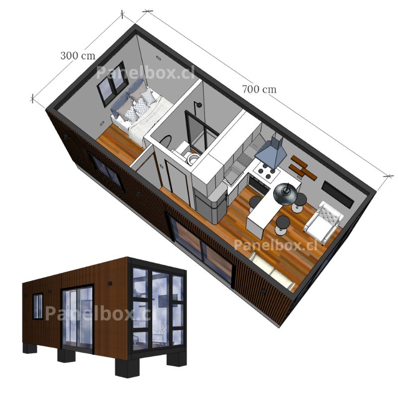 Vista 3D de una tiny house modular de 21 m² con full equipamiento, perspectiva superior y frontal.