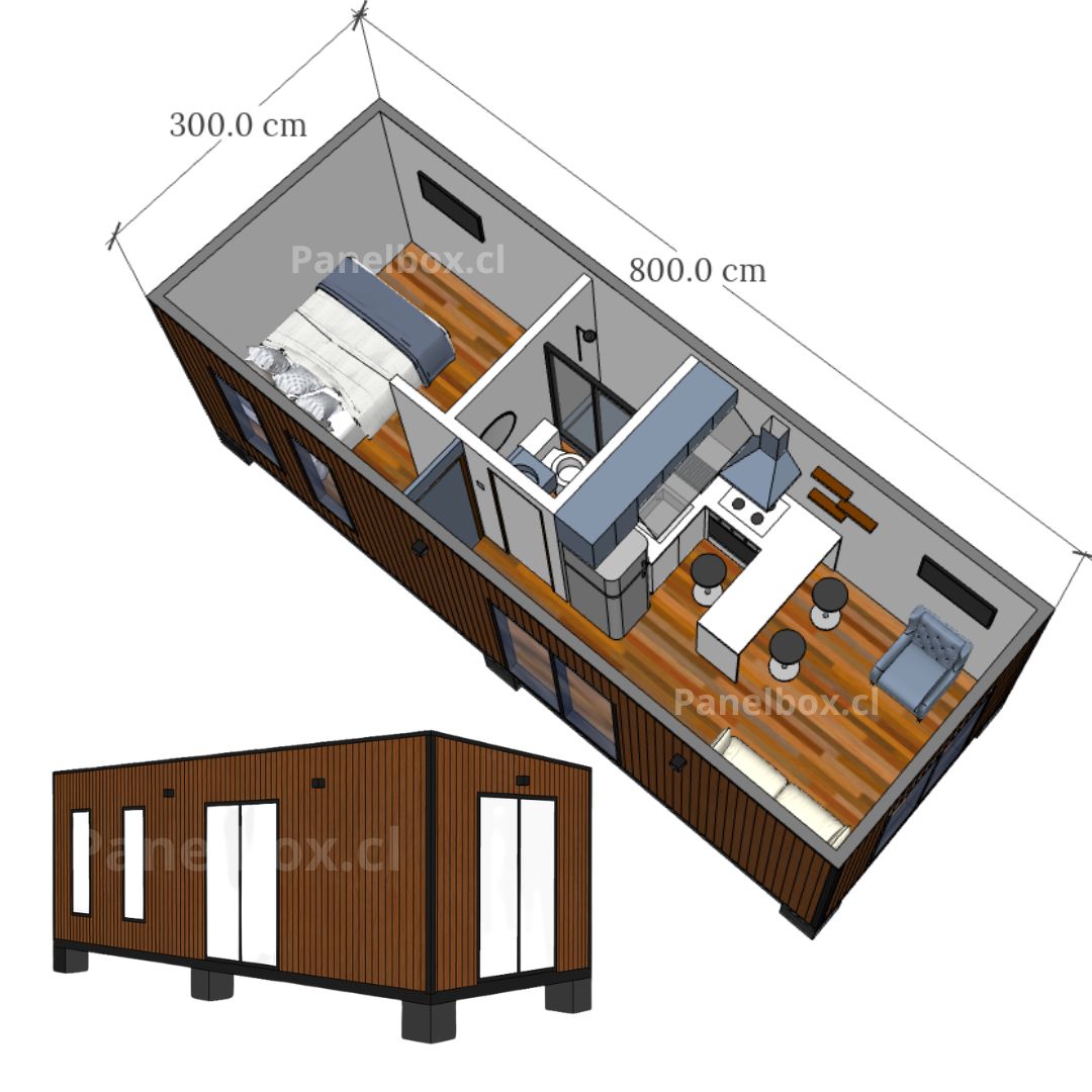 Vista 3D de una tiny house modular de 24 m² con perspectiva superior y frontal.