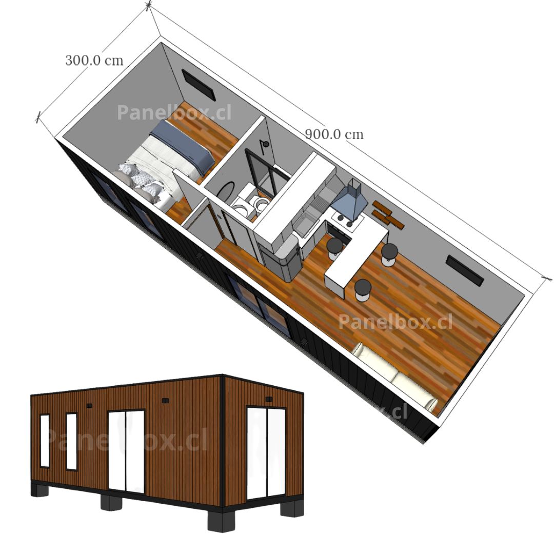 Vista 3D de una tiny house modular de 27 m², con perspectiva superior y frontal.