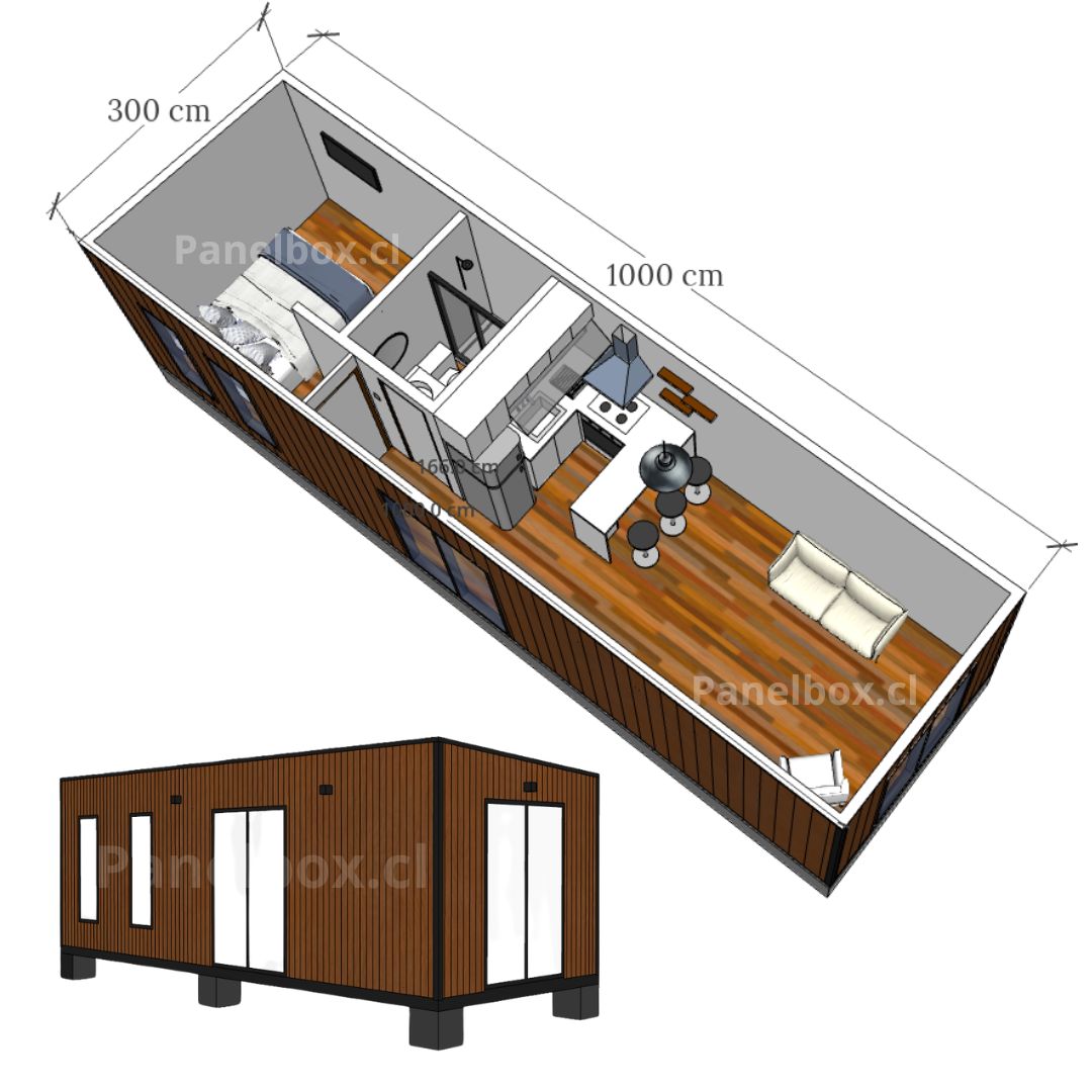 Vista 3D de una tiny house modular de 30 m², con perspectiva superior y frontal.