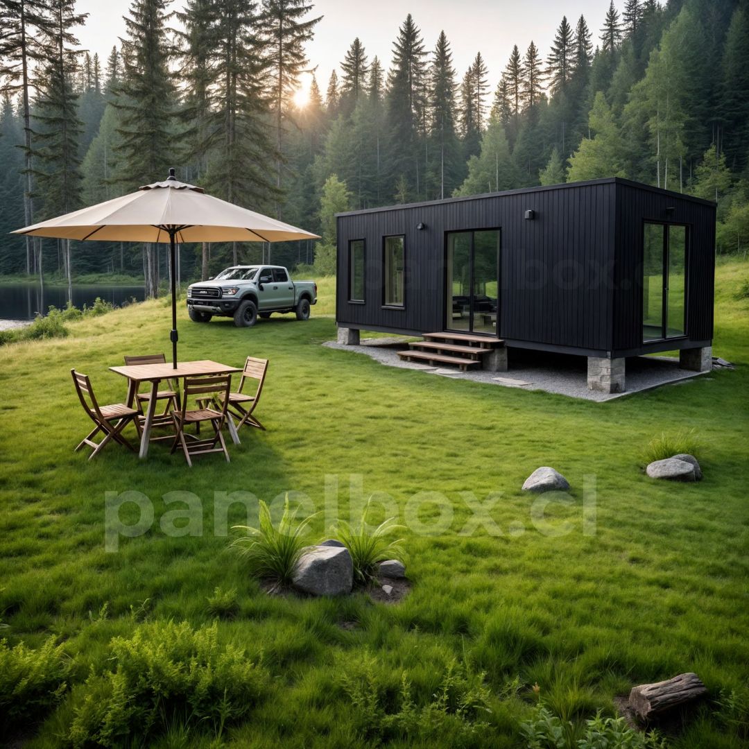 Tiny house de 24, 27 y 30 m² junto al lago, rodeada de árboles, con un vehículo blanco cercano y una mesa con sombrilla y sillas.