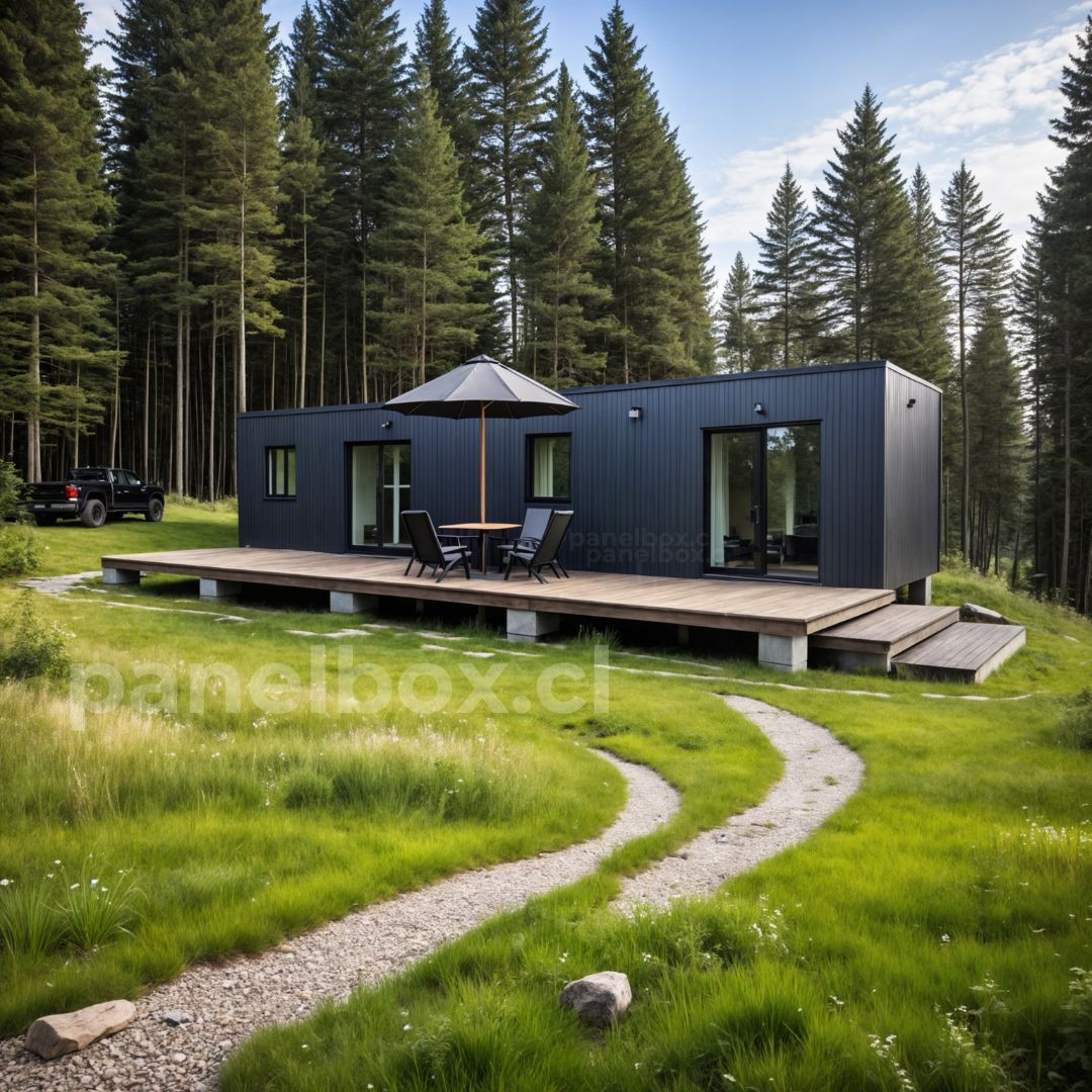  Tiny house de 33 y 36 m² en color gris, con grandes ventanales y terraza con mesa y sombrilla, rodeada de árboles, césped y con una montaña al fondo.