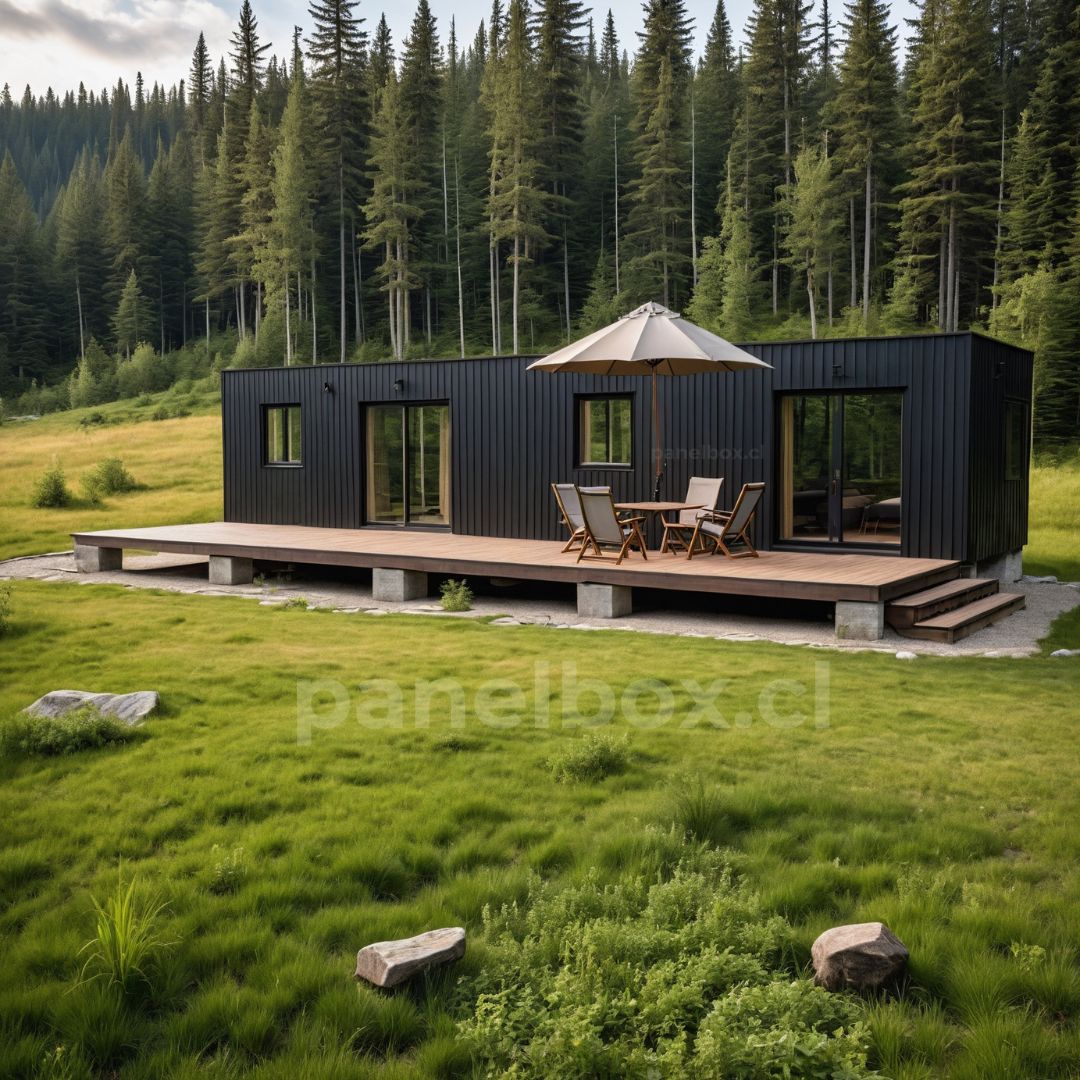 Tiny house de 33 y 36 m² en color negro, con grandes ventanales y terraza con mesa y sombrilla, rodeada de árboles, césped y con una montaña al fondo.
