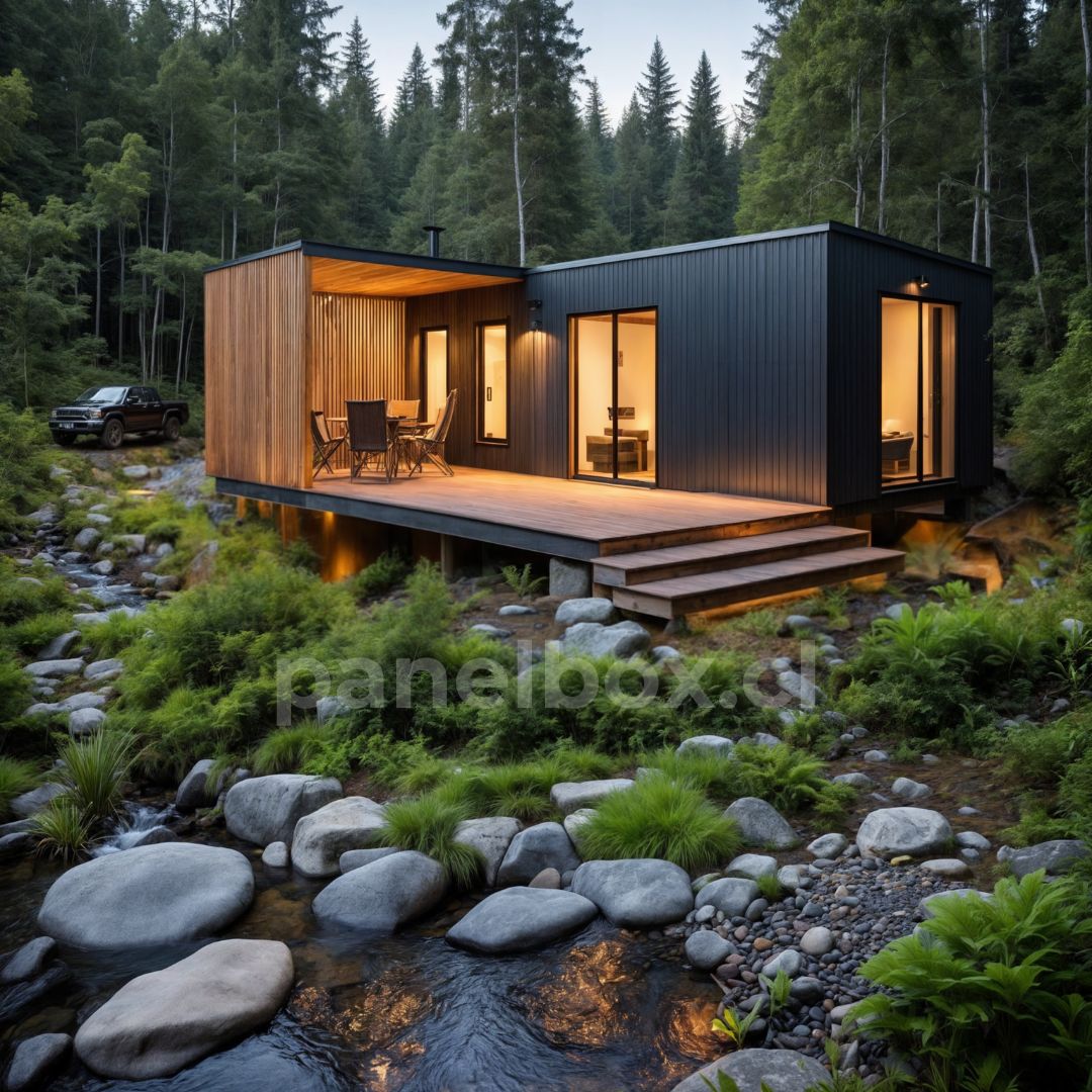 Tiny house elegante en versiones de 24, 27 y 30 m², color negro, grandes ventanales, en un entorno natural ideal para turismo y vacaciones.
