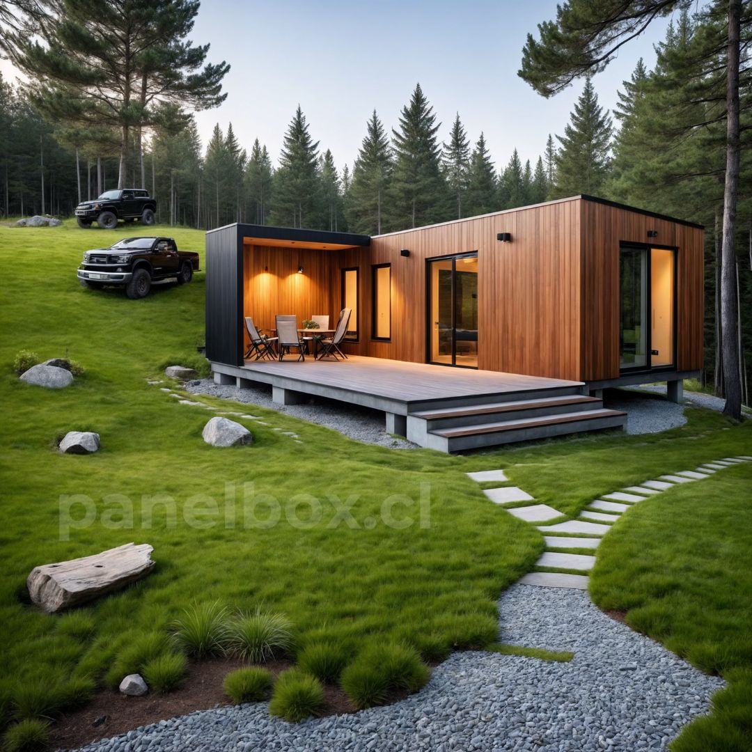 Tiny house de 24, 27 y 30 m² junto al lago, rodeada de árboles, con un vehículo blanco cercano y una mesa con sombrilla y sillas.