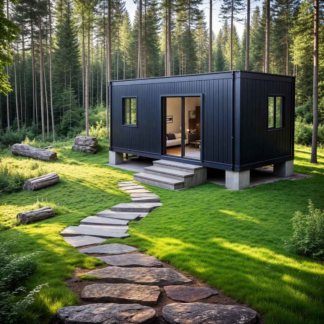  Tiny house modelo básico Mecano de 3 × 7 m, revestimiento negro, en un entorno natural rodeado de árboles y vegetación silvestre.