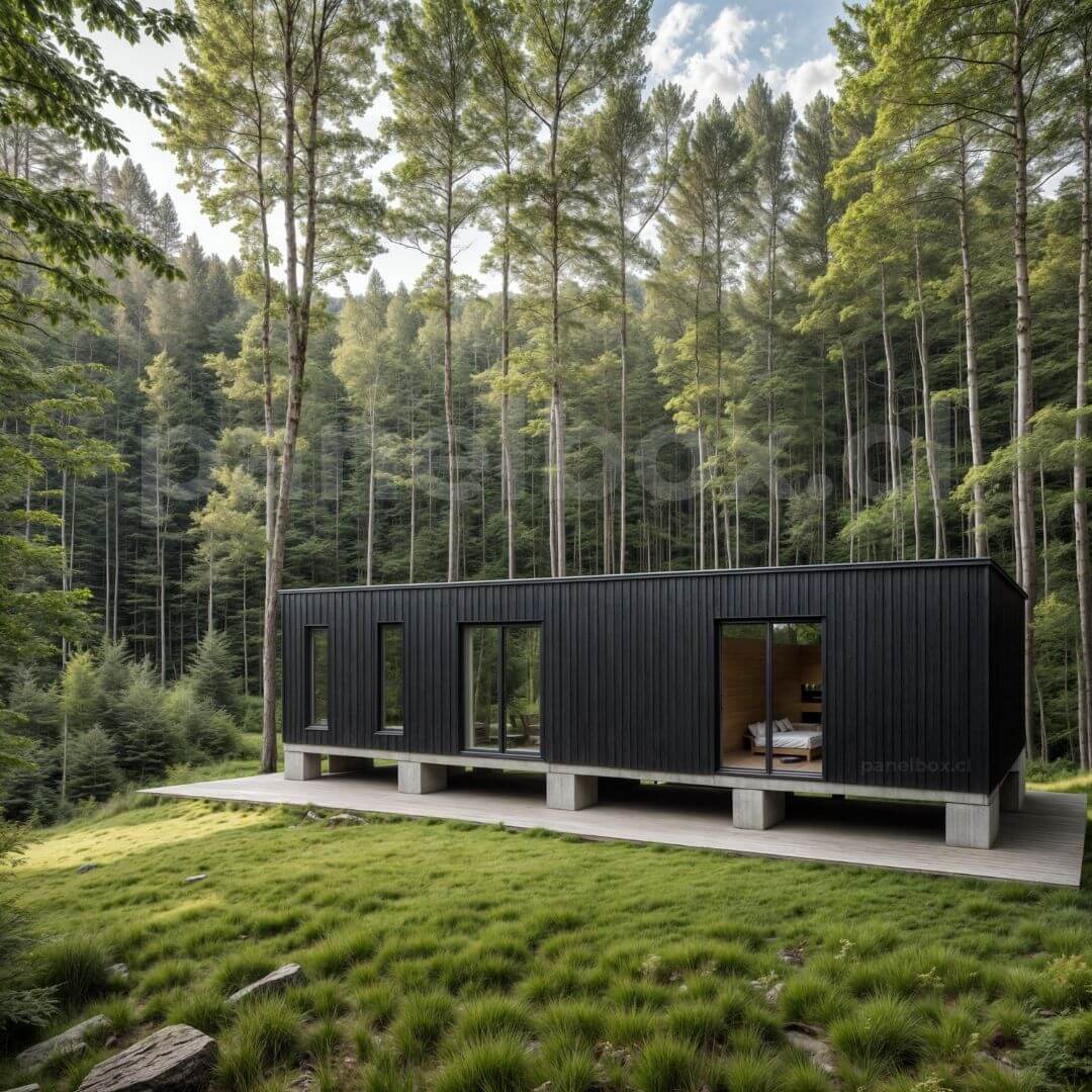 Tiny house de 33 y 36 m² en color negro, con grandes ventanales y terraza con mesa y sombrilla, rodeada de árboles, césped y con una montaña al fondo.