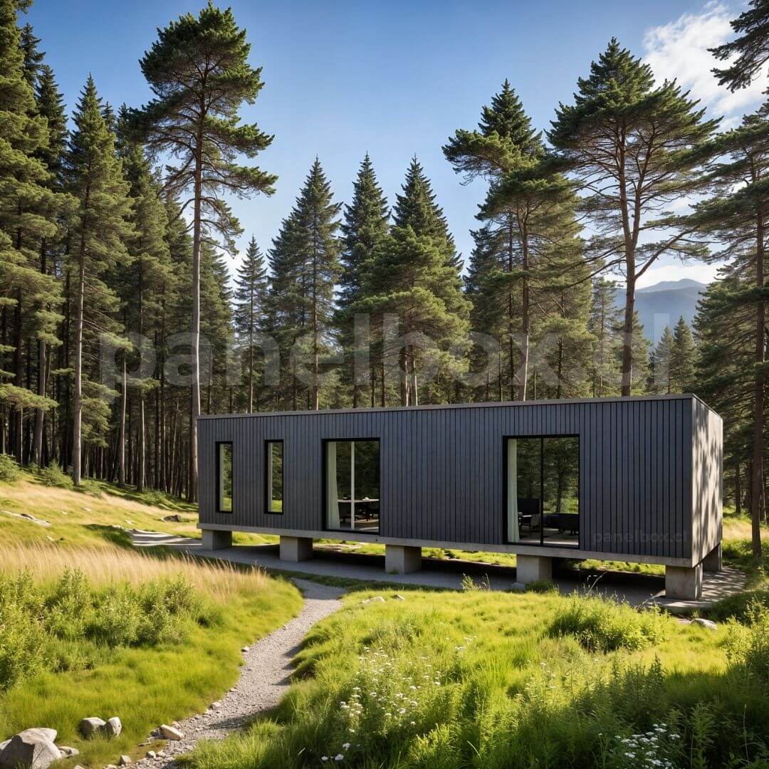  Tiny house de 33 y 36 m² con revestimiento de madera, grandes ventanales y terraza con mesa y sombrilla, rodeada de árboles, césped y con una montaña al fondo.