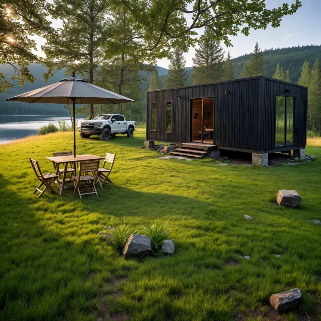 Tiny house gris de 24, 27 y 30 m² con terraza, en un paisaje natural imperfecto, rodeada de árboles, con una camioneta roja a 50 metros y una mesa con sombrilla y sillas en la terraza.