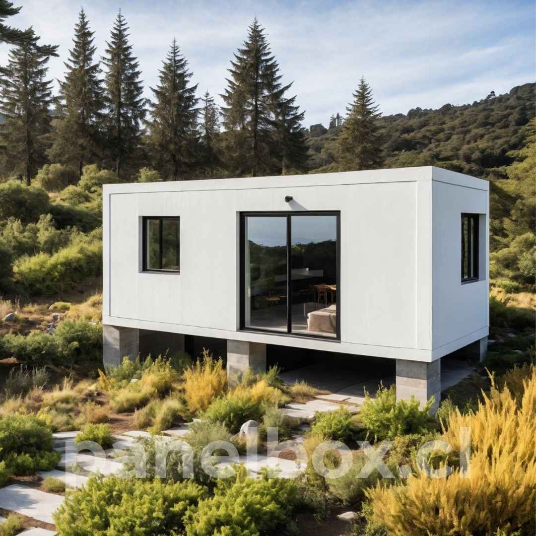  Tiny house modelo básico Mecano de 3 × 7 m, revestimiento negro, en un entorno natural rodeado de árboles y vegetación silvestre.
