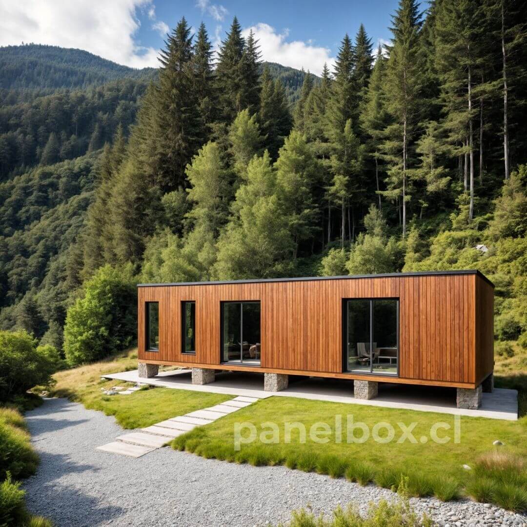  Tiny house de 33 y 36 m² en color gris, con grandes ventanales y terraza con mesa y sombrilla, rodeada de árboles, césped y con una montaña al fondo.