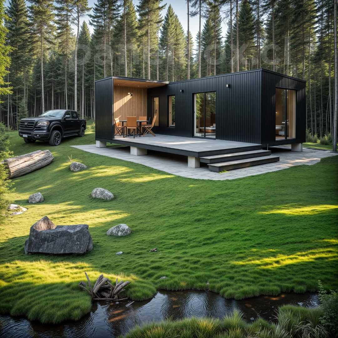 Tiny house gris de 24, 27 y 30 m² con terraza, en un paisaje natural imperfecto, rodeada de árboles, con una camioneta roja a 50 metros y una mesa con sombrilla y sillas en la terraza.