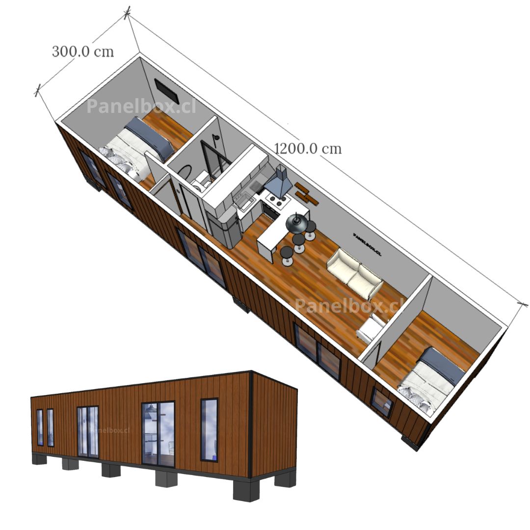 Vista 3D de una tiny house modular de 36 m² con dos dormitorios, perspectiva superior y frontal.