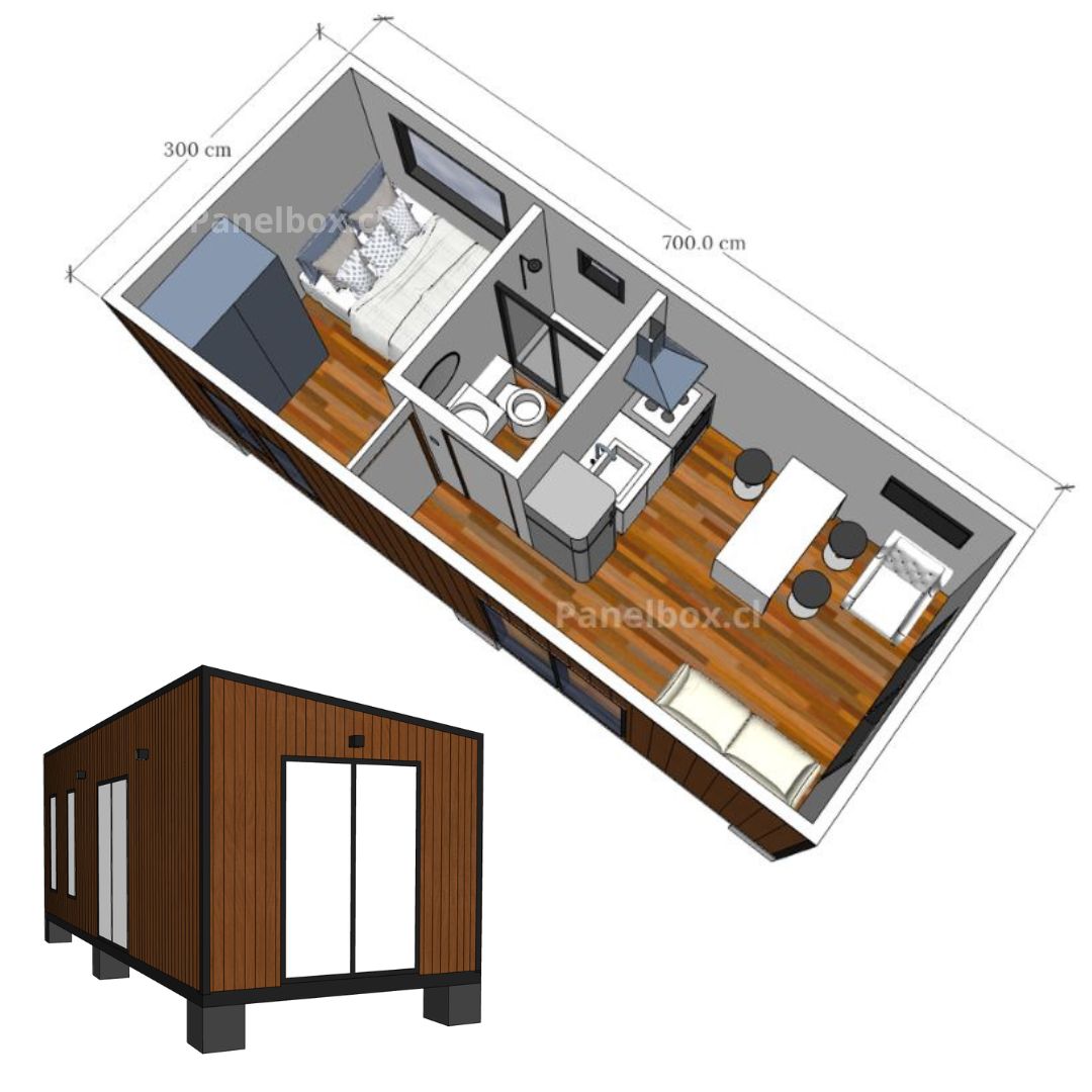 Modelado 3D de tiny house nacional de 21m²: vista que combina distribución interior con fachada exterior, mostrando el diseño compacto y funcional.