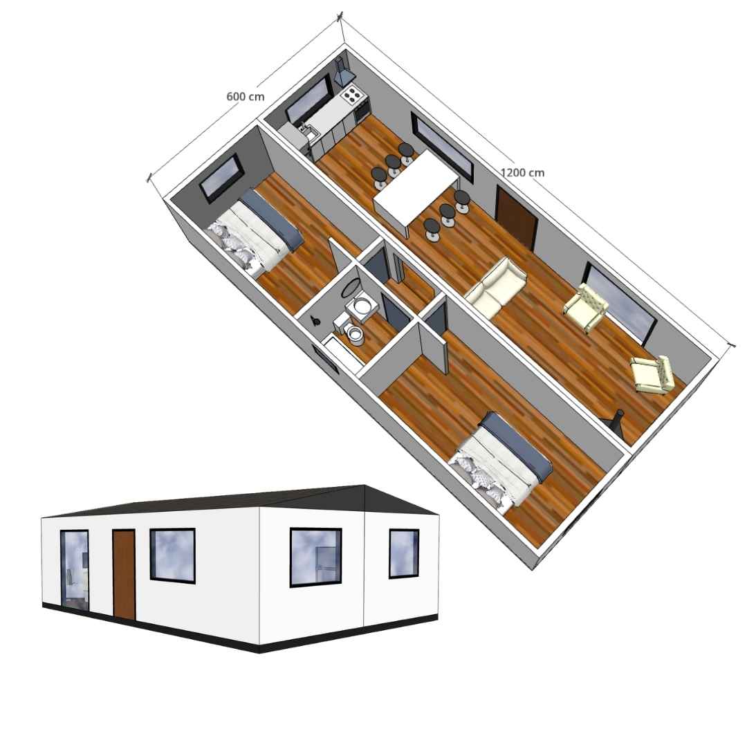 Modelado 3D de construcción modular de 72 m², diseño moderno y eficiente para vivienda.