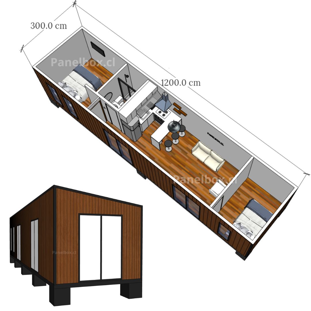 Render 3D de tiny house nacional de 36m² con dos dormitorios. Vista interior que muestra la distribución de las habitaciones y vista exterior de la fachada.