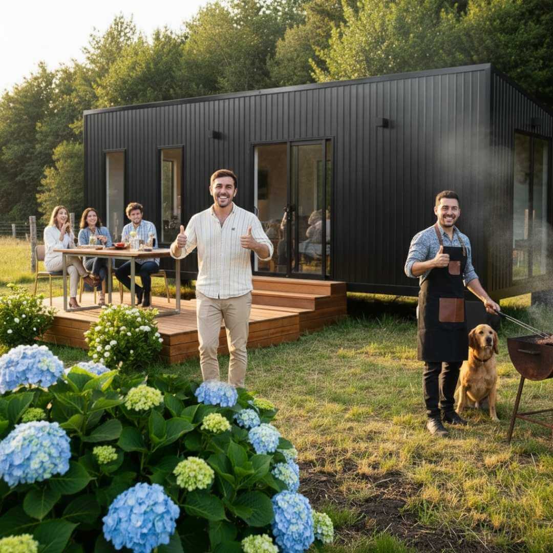 Tiny house moderna de 27 m² color gris carbón en un entorno campestre, con una familia y amigos disfrutando de un asado al aire libre. Un perro labrador mira la parrilla, y en primer plano se ven hortensias azules y verdes bajo un cielo despejado.